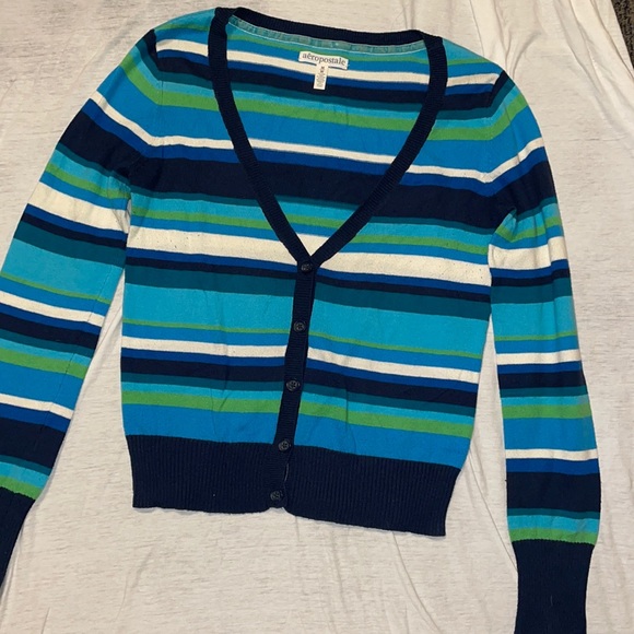 Cute long sleeve sweater. Size medium Aeropostale, green blue and white stripes. - Picture 2 of 3
